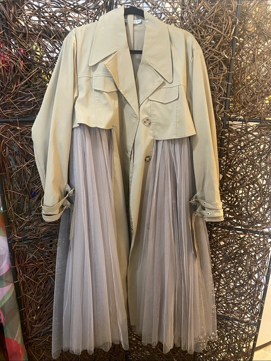 Jackets & Blazers - Beige Trench Coat with Tan Tulle Panels